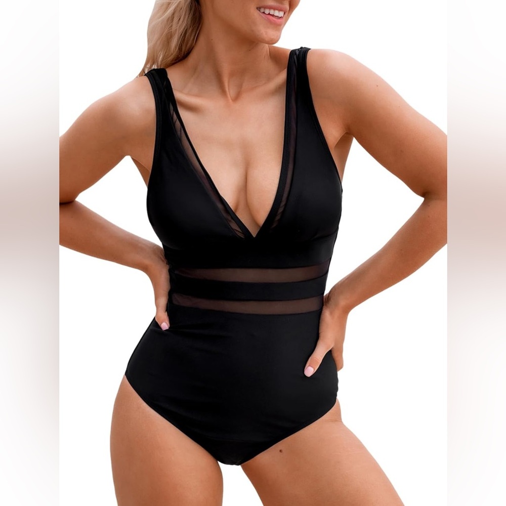NWT CUPSHE One Piece Swimsuit Long Torso Bathing Suit Plunging Neck Mesh, Sz OX